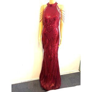 MISSORD Burgundy Red Sequin Dress Beaded Sleeves Prom Party Dress Women Size L